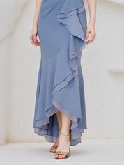 Steel Blue Chiffon Round Neck Sleeveless Asymmetrical Length Dress With Slit