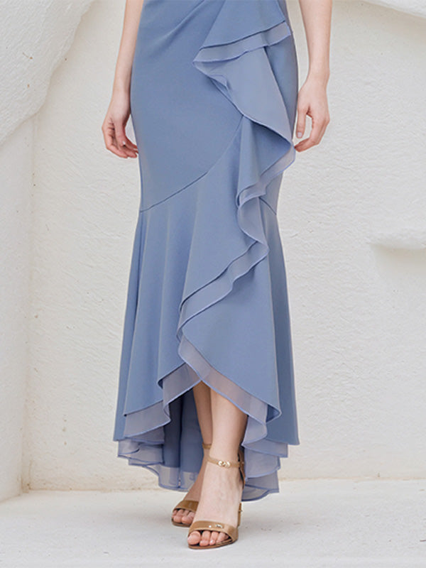 Steel Blue Chiffon Round Neck Sleeveless Asymmetrical Length Dress With Slit
