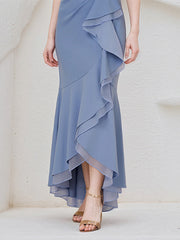 Steel Blue Chiffon Round Neck Sleeveless Asymmetrical Length Dress With Slit