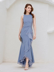 Steel Blue Chiffon Round Neck Sleeveless Asymmetrical Length Dress With Slit