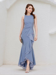 Steel Blue Chiffon Round Neck Sleeveless Asymmetrical Length Dress With Slit