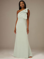 A Line Sage Chiffon One Shoulder Sleeveless Floor Length Dress With Bow