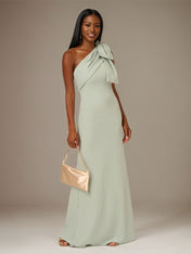 A Line Sage Chiffon One Shoulder Sleeveless Floor Length Dress With Bow