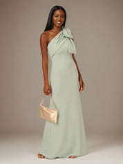 A Line Sage Chiffon One Shoulder Sleeveless Floor Length Dress With Bow