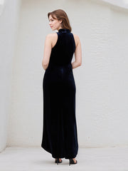 Navy Blue Stretch Velvet Halter Neck Sleeveless Asymmetrical Length Dress