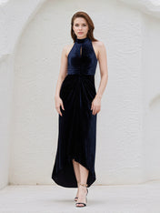 Navy Blue Stretch Velvet Halter Neck Sleeveless Asymmetrical Length Dress