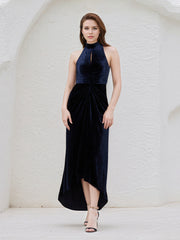 Navy Blue Stretch Velvet Halter Neck Sleeveless Asymmetrical Length Dress