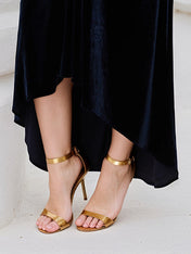 Navy Blue Stretch Velvet Halter Neck Sleeveless Asymmetrical Length Dress