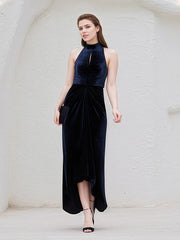Navy Blue Stretch Velvet Halter Neck Sleeveless Asymmetrical Length Dress