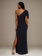 Black Stretch Crepe One Shoulder Sleeveless Floor Length Dress With Bow