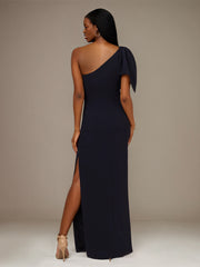 Black Stretch Crepe One Shoulder Sleeveless Floor Length Dress With Bow