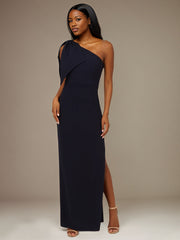 Black Stretch Crepe One Shoulder Sleeveless Floor Length Dress With Bow