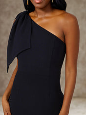 Black Stretch Crepe One Shoulder Sleeveless Floor Length Dress With Bow