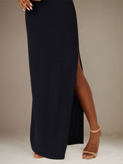 Black Stretch Crepe One Shoulder Sleeveless Floor Length Dress With Bow