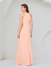 Salmon Chiffon Halter Neck Sleeveless Floor Length Dress With Floral Embellished