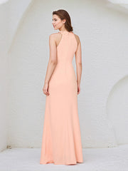 Salmon Chiffon Halter Neck Sleeveless Floor Length Dress With Floral Embellished
