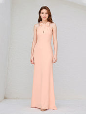 Salmon Chiffon Halter Neck Sleeveless Floor Length Dress With Floral Embellished