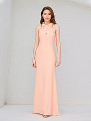 Salmon Chiffon Halter Neck Sleeveless Floor Length Dress With Floral Embellished