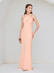 Salmon Chiffon Halter Neck Sleeveless Floor Length Dress With Floral Embellished