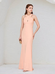 Salmon Chiffon Halter Neck Sleeveless Floor Length Dress With Floral Embellished