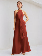 Rust Chiffon A Line Halter Neck Sleeveless Floor Length Bridesmaid Dress