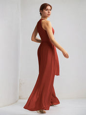 Rust Chiffon A Line Halter Neck Sleeveless Floor Length Bridesmaid Dress