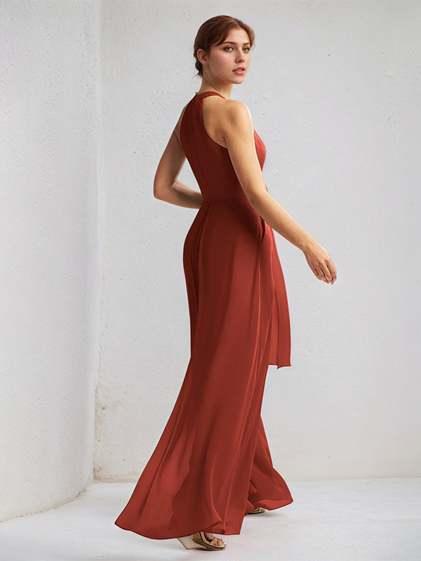 Rust Chiffon A Line Halter Neck Sleeveless Floor Length Bridesmaid Dress