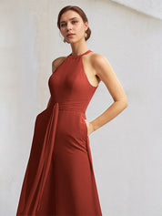 Rust Chiffon A Line Halter Neck Sleeveless Floor Length Bridesmaid Dress