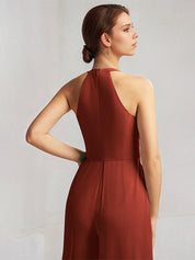 Rust Chiffon A Line Halter Neck Sleeveless Floor Length Bridesmaid Dress