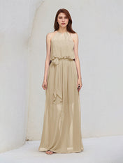 Champagne A Line Chiffon Halter Neck Sleeveless Floor Length Bridesmaid Dresses
