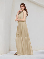 Champagne A Line Chiffon Halter Neck Sleeveless Floor Length Bridesmaid Dresses