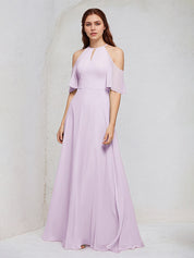 Lilac A Line Chiffon Halter Neck Short Sleeves Floor Length Bridesmaid Dresses