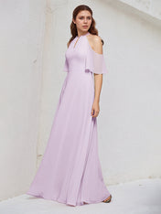 Lilac A Line Chiffon Halter Neck Short Sleeves Floor Length Bridesmaid Dresses