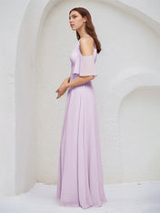 Lilac A Line Chiffon Halter Neck Short Sleeves Floor Length Bridesmaid Dresses