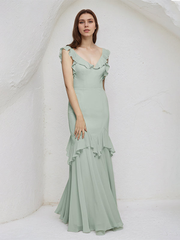Sage Sheath/Column Chiffon V Neck Sleeveless Floor Length Bridesmaid Dresses