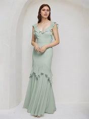 Sage Sheath/Column Chiffon V Neck Sleeveless Floor Length Bridesmaid Dresses