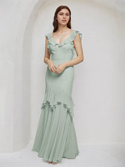 Sage Sheath/Column Chiffon V Neck Sleeveless Floor Length Bridesmaid Dresses