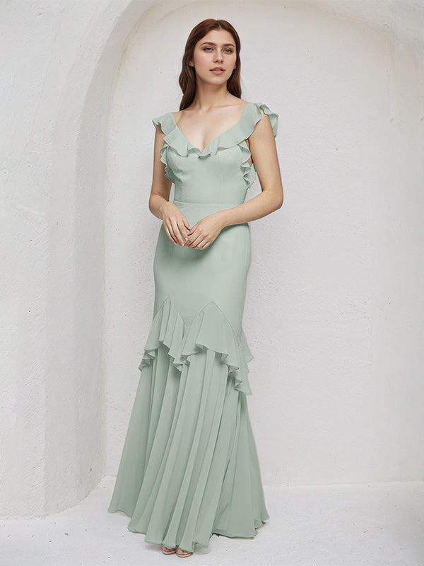 Sage Sheath/Column Chiffon V Neck Sleeveless Floor Length Bridesmaid Dresses