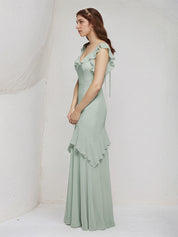 Sage Sheath/Column Chiffon V Neck Sleeveless Floor Length Bridesmaid Dresses