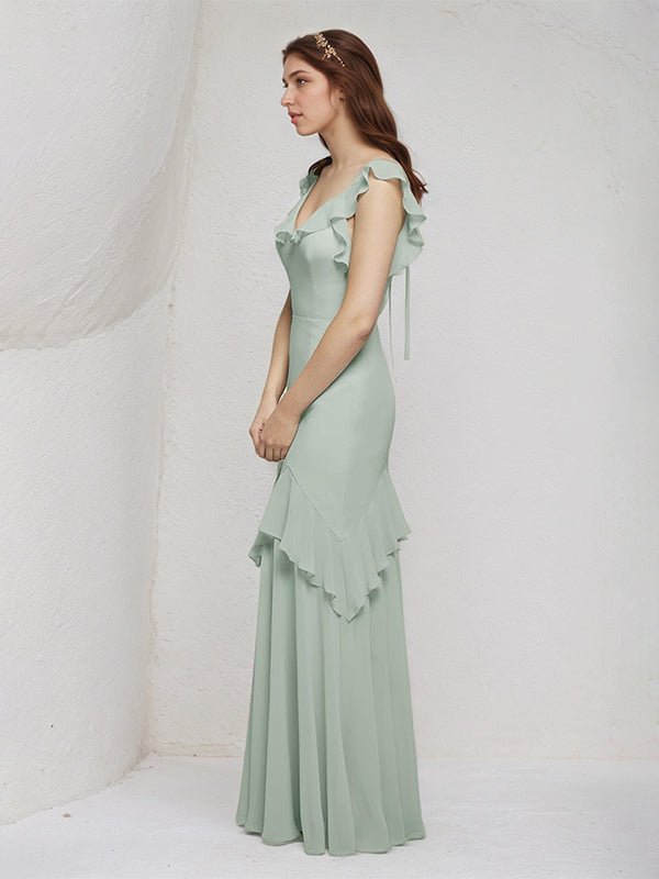 Sage Sheath/Column Chiffon V Neck Sleeveless Floor Length Bridesmaid Dresses