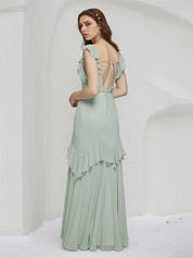 Sage Sheath/Column Chiffon V Neck Sleeveless Floor Length Bridesmaid Dresses