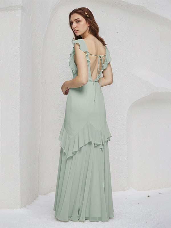 Sage Sheath/Column Chiffon V Neck Sleeveless Floor Length Bridesmaid Dresses