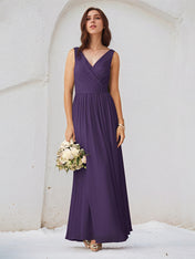 Regency A Line Chiffon V Neck Sleeveless Floor Length Bridesmaid Dresses