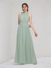 Sage A Line Chiffon Halter Neck Sleeveless Floor Length Bridesmaid Dresses