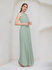Sage A Line Chiffon Halter Neck Sleeveless Floor Length Bridesmaid Dresses