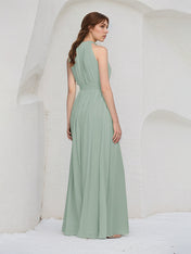 Sage A Line Chiffon Halter Neck Sleeveless Floor Length Bridesmaid Dresses