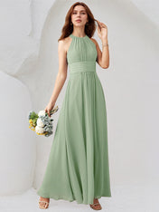Agave Chiffon A Line Halter Neck Sleeveless Floor Length Bridesmaid Dress