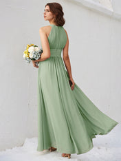 Agave Chiffon A Line Halter Neck Sleeveless Floor Length Bridesmaid Dress