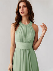 Agave Chiffon A Line Halter Neck Sleeveless Floor Length Bridesmaid Dress