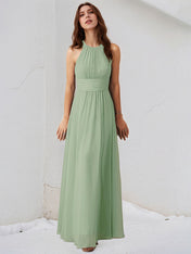 Agave Chiffon A Line Halter Neck Sleeveless Floor Length Bridesmaid Dress